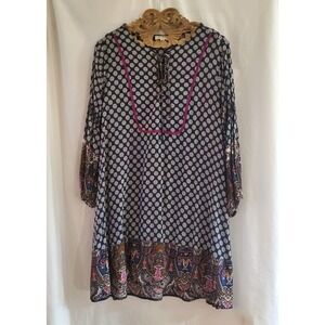 Umgee Dress Women's Size Medium Navy Peasant Boho 3/4 Sleeved Lace Up Front